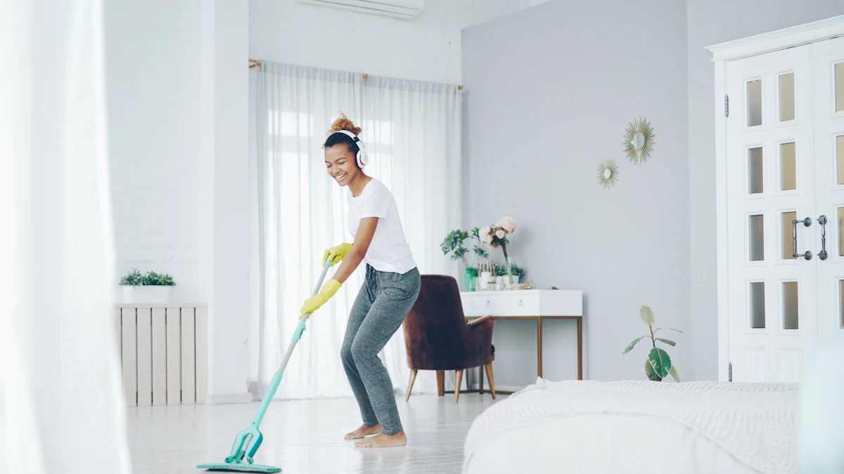 Precious mopping a bright living room floor in headphones
